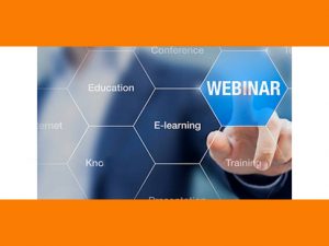A man touching the screen with text that says webinar